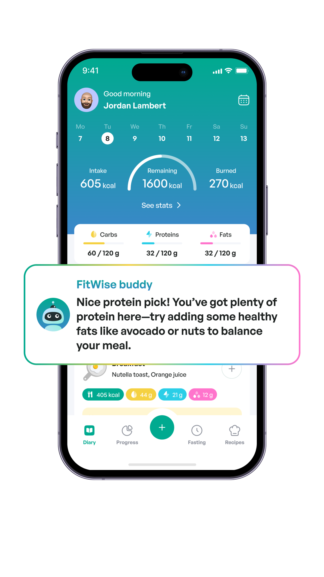 FitWise App Dashboard with AI Buddy - iPhone mockup showing calorie tracking and nutrition advice